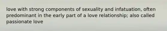 love with strong components of sexuality and infatuation, often predominant in the early part of a love relationship; also called passionate love