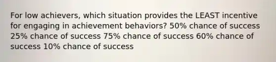 For low achievers, which situation provides the LEAST incentive for engaging in achievement behaviors? 50% chance of success 25% chance of success 75% chance of success 60% chance of success 10% chance of success