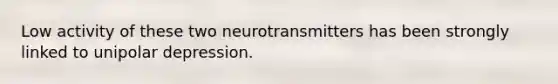 Low activity of these two neurotransmitters has been strongly linked to unipolar depression.