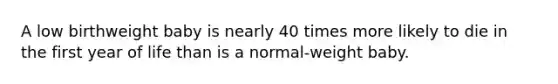 A low birthweight baby is nearly 40 times more likely to die in the first year of life than is a normal-weight baby.