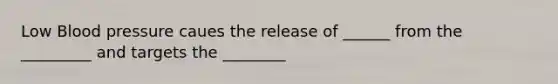 Low Blood pressure caues the release of ______ from the _________ and targets the ________