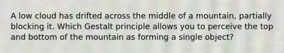 A low cloud has drifted across the middle of a mountain, partially blocking it. Which Gestalt principle allows you to perceive the top and bottom of the mountain as forming a single object?