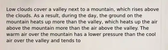 Low clouds cover a valley next to a mountain, which rises above the clouds. As a result, during the day, the ground on the mountain heats up more than the valley, which heats up the air above the mountain more than the air above the valley. The warm air over the mountain has a lower pressure than the cool air over the valley and tends to