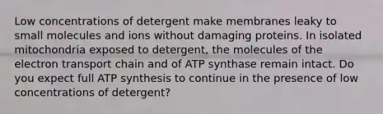 Low concentrations of detergent make membranes leaky to small molecules and ions without damaging proteins. In isolated mitochondria exposed to detergent, the molecules of the electron transport chain and of ATP synthase remain intact. Do you expect full ATP synthesis to continue in the presence of low concentrations of detergent?