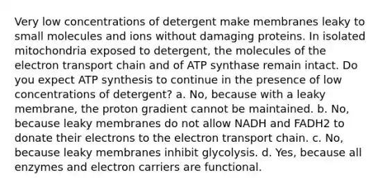 Very low concentrations of detergent make membranes leaky to small molecules and ions without damaging proteins. In isolated mitochondria exposed to detergent, the molecules of <a href='https://www.questionai.com/knowledge/k57oGBr0HP-the-electron-transport-chain' class='anchor-knowledge'>the electron transport chain</a> and of ATP synthase remain intact. Do you expect <a href='https://www.questionai.com/knowledge/kx3XpCJrFz-atp-synthesis' class='anchor-knowledge'>atp synthesis</a> to continue in the presence of low concentrations of detergent? a. No, because with a leaky membrane, the proton gradient cannot be maintained. b. No, because leaky membranes do not allow NADH and FADH2 to donate their electrons to the electron transport chain. c. No, because leaky membranes inhibit glycolysis. d. Yes, because all enzymes and electron carriers are functional.