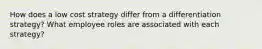 How does a low cost strategy differ from a differentiation strategy? What employee roles are associated with each strategy?