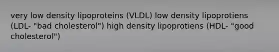 very low density lipoproteins (VLDL) low density lipoprotiens (LDL- "bad cholesterol") high density lipoprotiens (HDL- "good cholesterol")