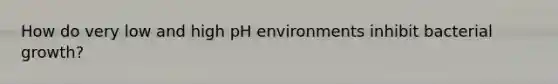 How do very low and high pH environments inhibit bacterial growth?