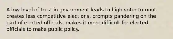 A low level of trust in government leads to high voter turnout. creates less competitive elections. prompts pandering on the part of elected officials. makes it more difficult for elected officials to make public policy.