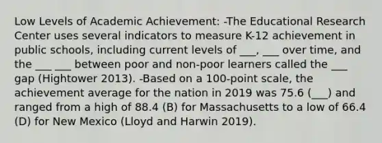 Low Levels of Academic Achievement: -The Educational Research Center uses several indicators to measure K-12 achievement in public schools, including current levels of ___, ___ over time, and the ___ ___ between poor and non-poor learners called the ___ gap (Hightower 2013). -Based on a 100-point scale, the achievement average for the nation in 2019 was 75.6 (___) and ranged from a high of 88.4 (B) for Massachusetts to a low of 66.4 (D) for New Mexico (Lloyd and Harwin 2019).