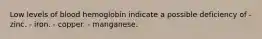 Low levels of blood hemoglobin indicate a possible deficiency of - zinc. - iron. - copper. - manganese.