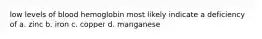 low levels of blood hemoglobin most likely indicate a deficiency of a. zinc b. iron c. copper d. manganese