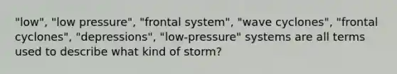 "low", "low pressure", "frontal system", "wave cyclones", "frontal cyclones", "depressions", "low-pressure" systems are all terms used to describe what kind of storm?