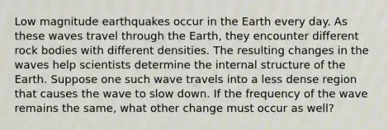 Low magnitude earthquakes occur in the Earth every day. As these waves travel through the Earth, they encounter different rock bodies with different densities. The resulting changes in the waves help scientists determine the internal structure of the Earth. Suppose one such wave travels into a less dense region that causes the wave to slow down. If the frequency of the wave remains the same, what other change must occur as well?