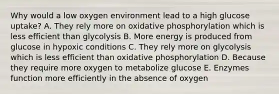 Why would a low oxygen environment lead to a high glucose uptake? A. They rely more on oxidative phosphorylation which is less efficient than glycolysis B. More energy is produced from glucose in hypoxic conditions C. They rely more on glycolysis which is less efficient than oxidative phosphorylation D. Because they require more oxygen to metabolize glucose E. Enzymes function more efficiently in the absence of oxygen