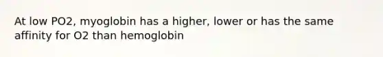 At low PO2, myoglobin has a higher, lower or has the same affinity for O2 than hemoglobin