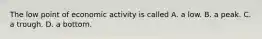 The low point of economic activity is called A. a low. B. a peak. C. a trough. D. a bottom.