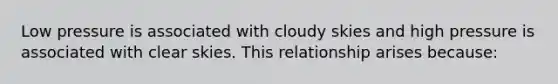 Low pressure is associated with cloudy skies and high pressure is associated with clear skies. This relationship arises because: