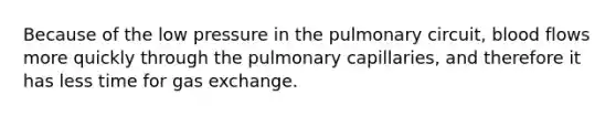 Because of the low pressure in the pulmonary circuit, blood flows more quickly through the pulmonary capillaries, and therefore it has less time for gas exchange.