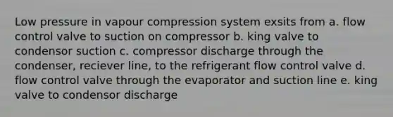 Low pressure in vapour compression system exsits from a. flow control valve to suction on compressor b. king valve to condensor suction c. compressor discharge through the condenser, reciever line, to the refrigerant flow control valve d. flow control valve through the evaporator and suction line e. king valve to condensor discharge