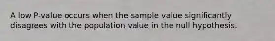 A low P-value occurs when the sample value significantly disagrees with the population value in the null hypothesis.