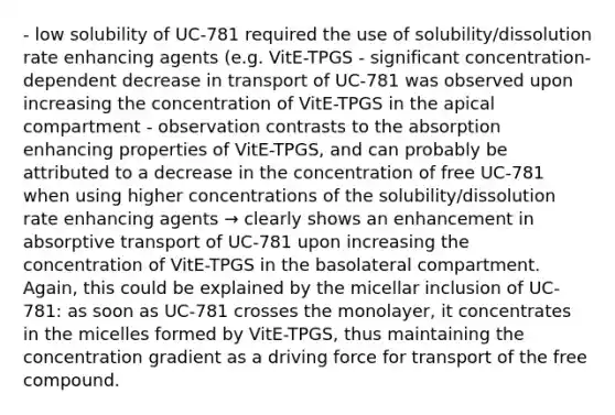 - low solubility of UC-781 required the use of solubility/dissolution rate enhancing agents (e.g. VitE-TPGS - significant concentration-dependent decrease in transport of UC-781 was observed upon increasing the concentration of VitE-TPGS in the apical compartment - observation contrasts to the absorption enhancing properties of VitE-TPGS, and can probably be attributed to a decrease in the concentration of free UC-781 when using higher concentrations of the solubility/dissolution rate enhancing agents → clearly shows an enhancement in absorptive transport of UC-781 upon increasing the concentration of VitE-TPGS in the basolateral compartment. Again, this could be explained by the micellar inclusion of UC-781: as soon as UC-781 crosses the monolayer, it concentrates in the micelles formed by VitE-TPGS, thus maintaining the concentration gradient as a driving force for transport of the free compound.