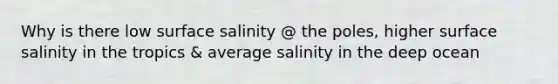 Why is there low surface salinity @ the poles, higher surface salinity in the tropics & average salinity in the deep ocean