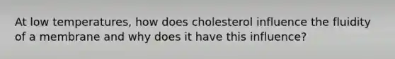 At low temperatures, how does cholesterol influence the fluidity of a membrane and why does it have this influence?