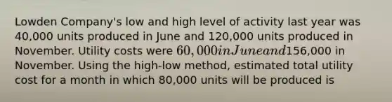 Lowden Company's low and high level of activity last year was 40,000 units produced in June and 120,000 units produced in November. Utility costs were 60,000 in June and156,000 in November. Using the high-low method, estimated total utility cost for a month in which 80,000 units will be produced is