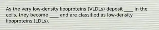 As the very low-density lipoproteins (VLDLs) deposit ____ in the cells, they become ____ and are classified as low-density lipoproteins (LDLs).