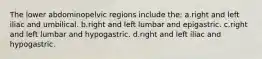 The lower abdominopelvic regions include the: a.right and left iliac and umbilical. b.right and left lumbar and epigastric. c.right and left lumbar and hypogastric. d.right and left iliac and hypogastric.