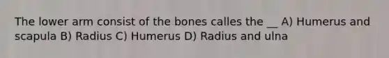 The lower arm consist of the bones calles the __ A) Humerus and scapula B) Radius C) Humerus D) Radius and ulna