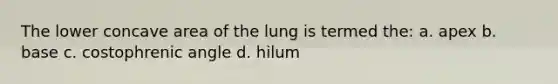 The lower concave area of the lung is termed the: a. apex b. base c. costophrenic angle d. hilum