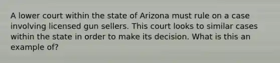 A lower court within the state of Arizona must rule on a case involving licensed gun sellers. This court looks to similar cases within the state in order to make its decision. What is this an example of?