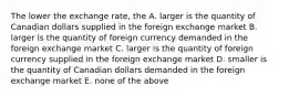 The lower the exchange rate, the A. larger is the quantity of Canadian dollars supplied in the foreign exchange market B. larger is the quantity of foreign currency demanded in the foreign exchange market C. larger is the quantity of foreign currency supplied in the foreign exchange market D. smaller is the quantity of Canadian dollars demanded in the foreign exchange market E. none of the above