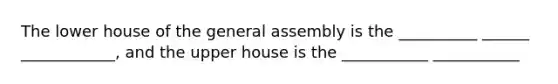 The lower house of the general assembly is the __________ ______ ____________, and the upper house is the ___________ ___________