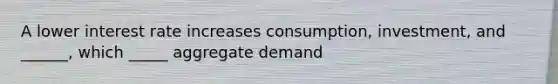 A lower interest rate increases consumption, investment, and ______, which _____ aggregate demand