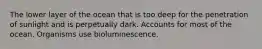 The lower layer of the ocean that is too deep for the penetration of sunlight and is perpetually dark. Accounts for most of the ocean. Organisms use bioluminescence.