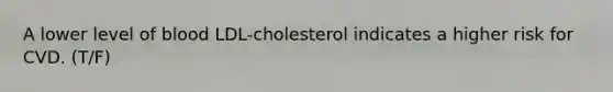 A lower level of blood LDL-cholesterol indicates a higher risk for CVD. (T/F)