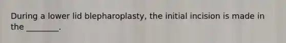 During a lower lid blepharoplasty, the initial incision is made in the ________.