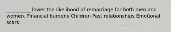 __________ lower the likelihood of remarriage for both men and women. Financial burdens Children Past relationships Emotional scars