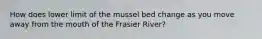 How does lower limit of the mussel bed change as you move away from the mouth of the Frasier River?