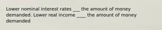 Lower nominal interest rates ___ the amount of money demanded. Lower real income ____ the amount of money demanded