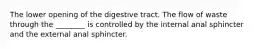The lower opening of the digestive tract. The flow of waste through the ________ is controlled by the internal anal sphincter and the external anal sphincter.
