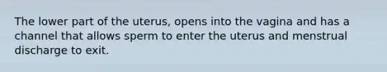 The lower part of the uterus, opens into the vagina and has a channel that allows sperm to enter the uterus and menstrual discharge to exit.