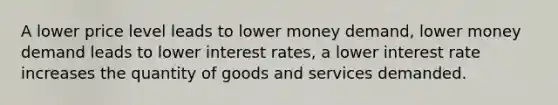 A lower price level leads to lower money demand, lower money demand leads to lower interest rates, a lower interest rate increases the quantity of goods and services demanded.