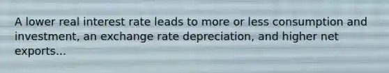 A lower real interest rate leads to more or less consumption and investment, an exchange rate depreciation, and higher net exports...