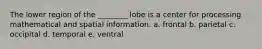 The lower region of the ________ lobe is a center for processing mathematical and spatial information. a. frontal b. parietal c. occipital d. temporal e. ventral