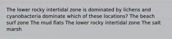 The lower rocky intertidal zone is dominated by lichens and cyanobacteria dominate which of these locations? The beach surf zone The mud flats The lower rocky intertidal zone The salt marsh