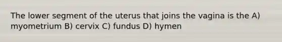 The lower segment of the uterus that joins the vagina is the A) myometrium B) cervix C) fundus D) hymen